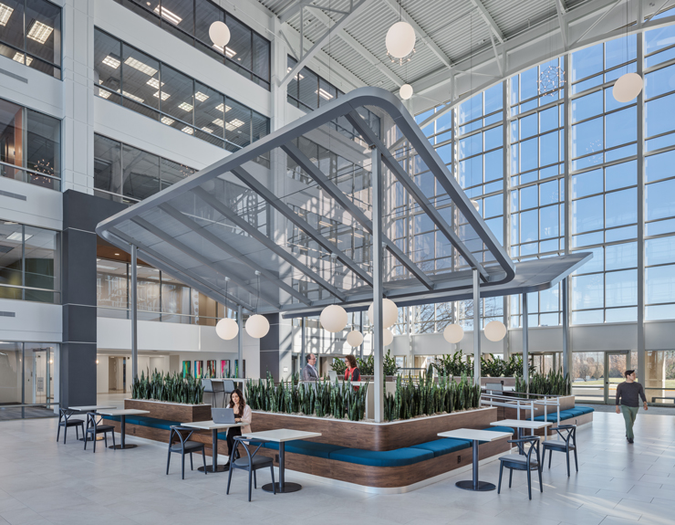 An aluminum canopy serves as a centerpiece for the lobby