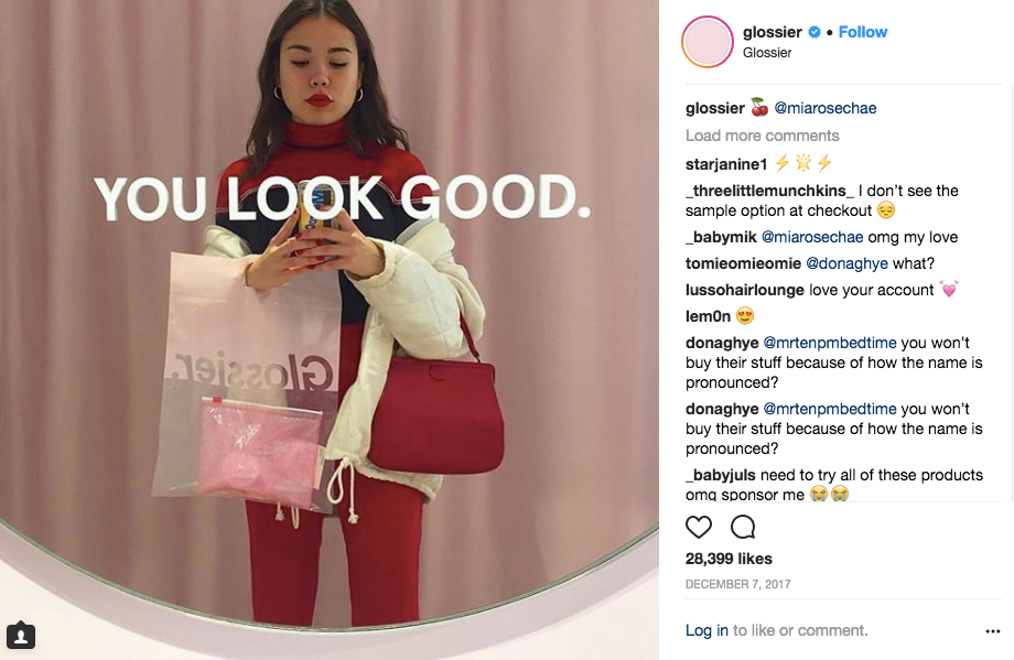 “YOU LOOK GOOD” mirror featured on Glossier’s Instagram.