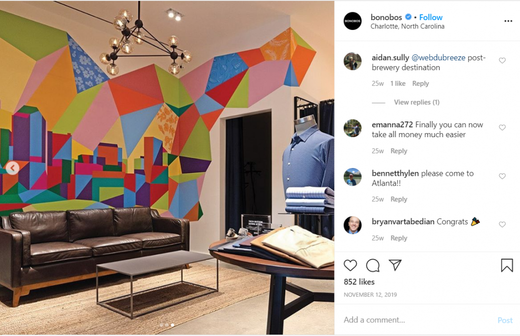 The announcement of a Bonobos store opening (pictured above) garnered hundreds of likes and comments.