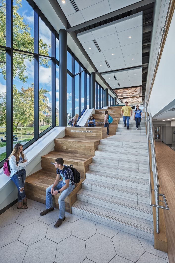 Socializing with friends and peers on campus is an activity that students dearly miss. These steps inside The Achatz Hall of Science on The University of Saint Francis’ campus may stay empty for a while longer.