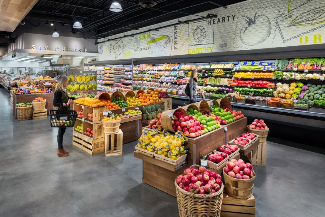 fruits and vegetables aisle at the grocery store