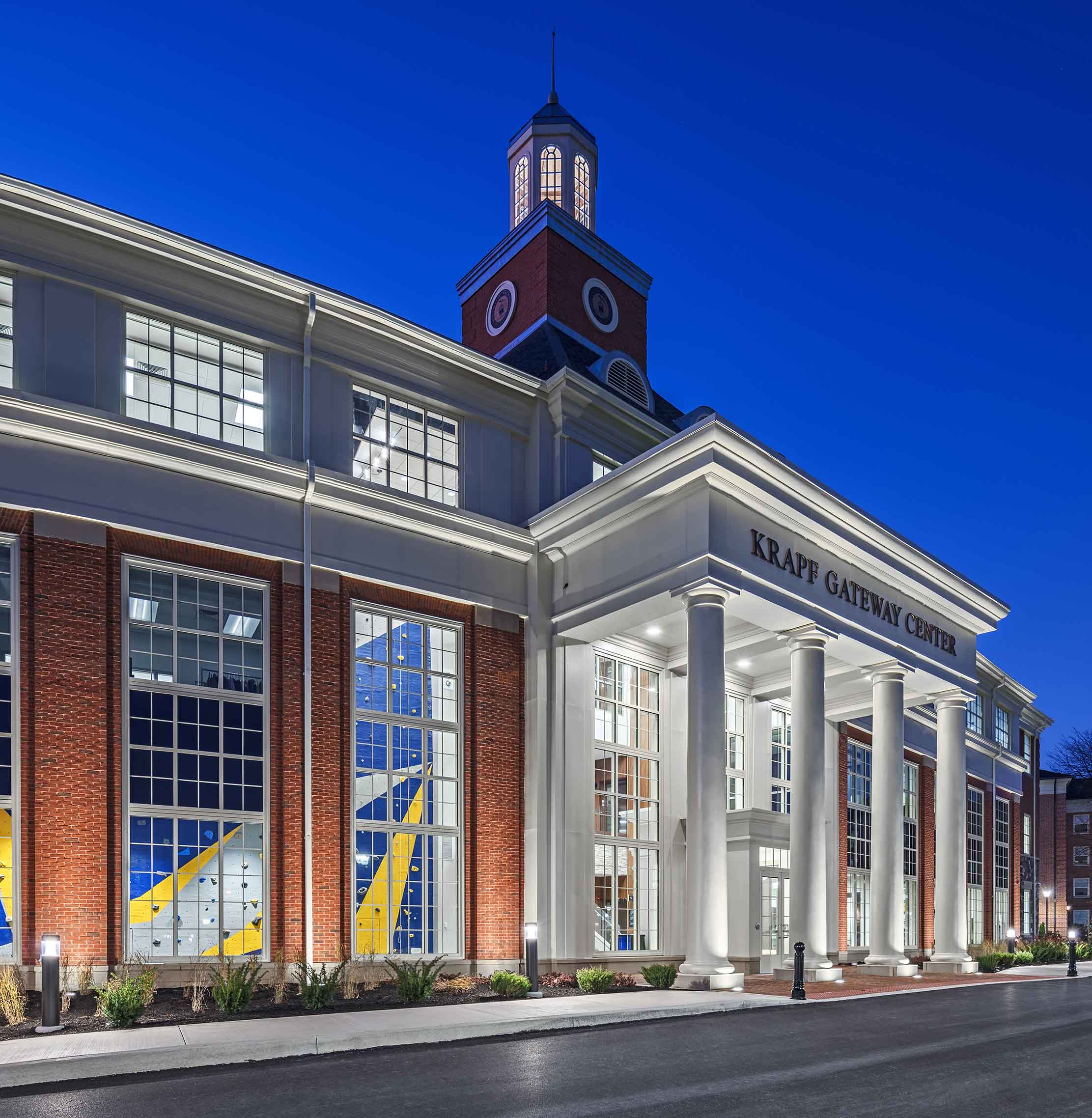 Lycoming College Krapf Gateway Center entrance at night