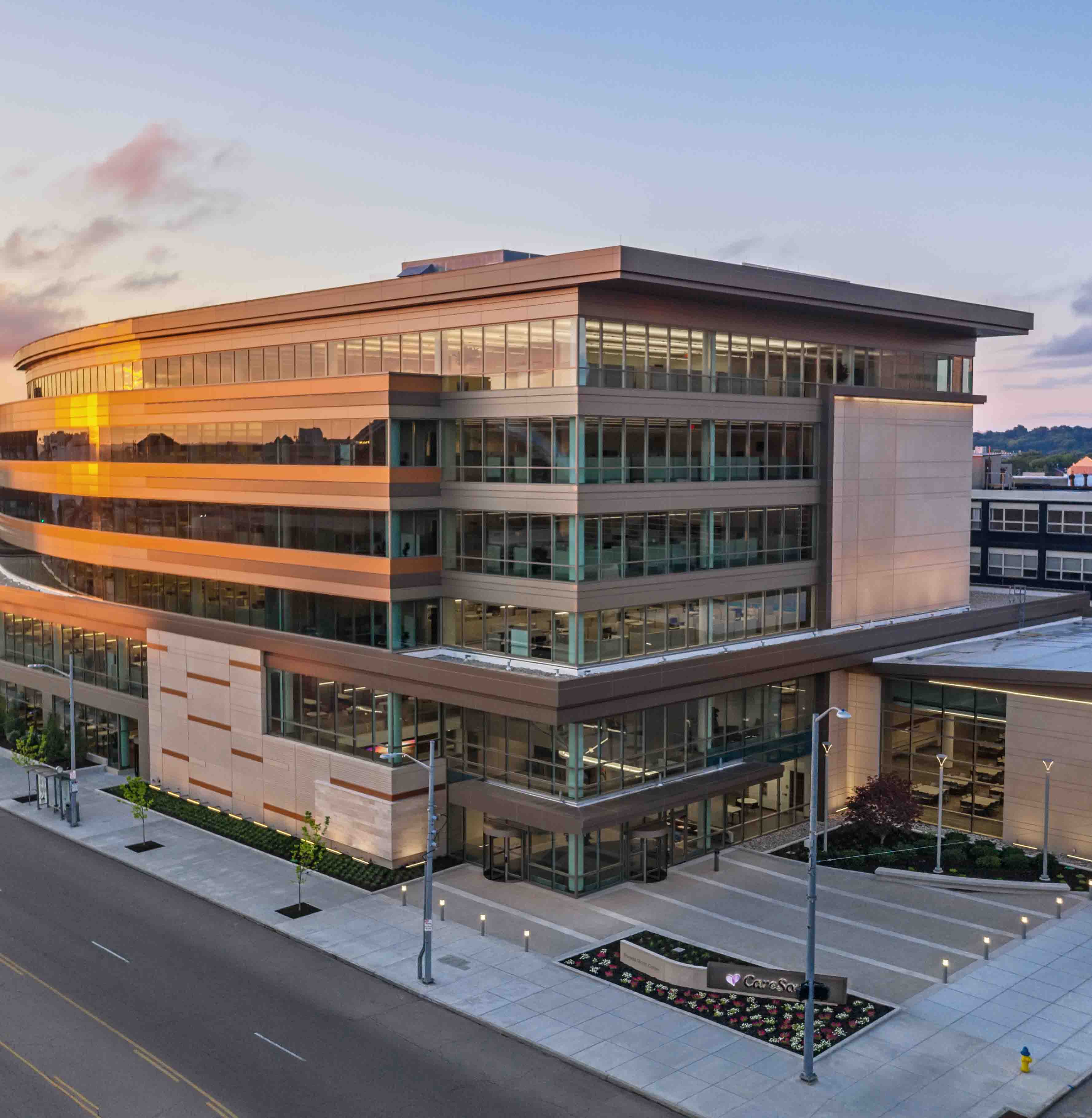 Exterior Pamela Morris Center for CareSource at dawn in Dayton, OH