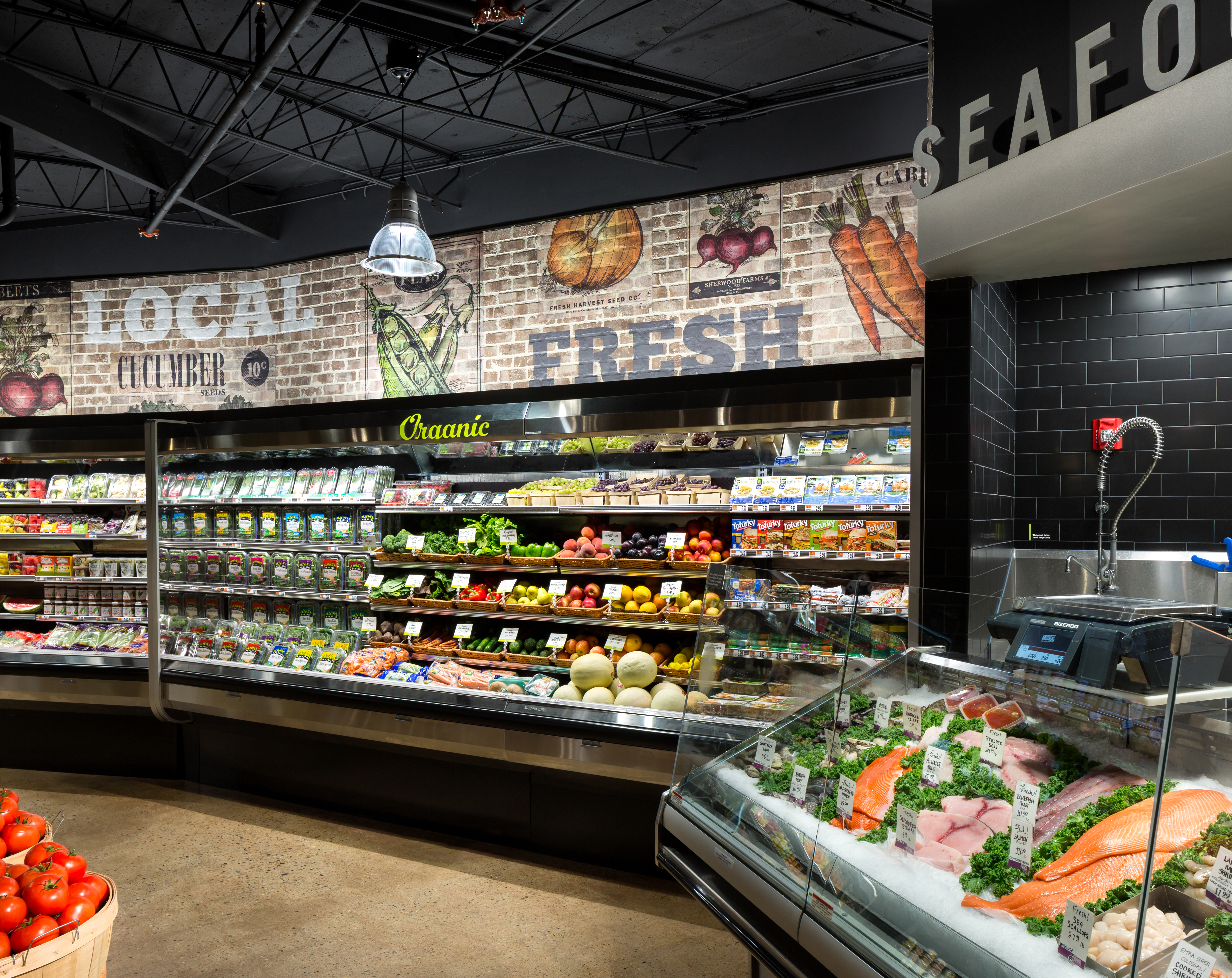 Seafood and organic vegetables in Brothers Marketplace in Medfield, MA