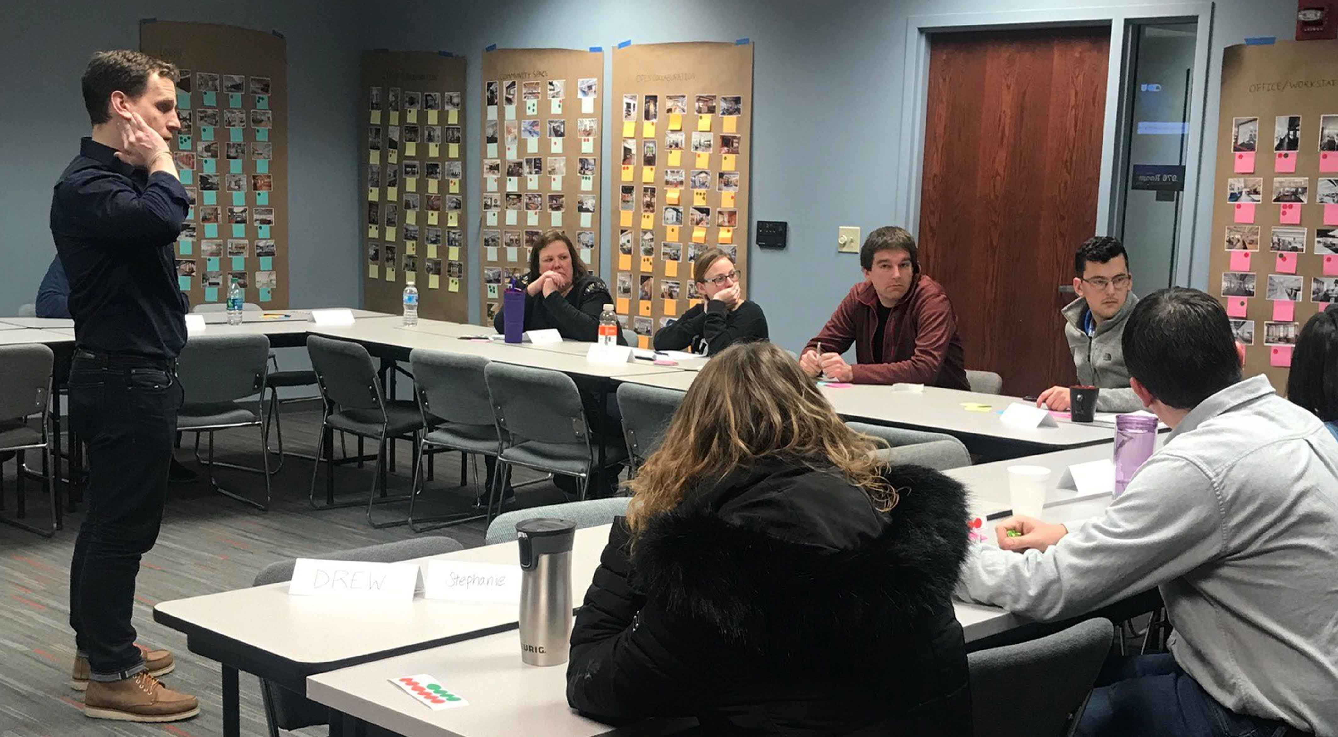 People discuss ideas in a visioning session about Schaefer's new headquarters