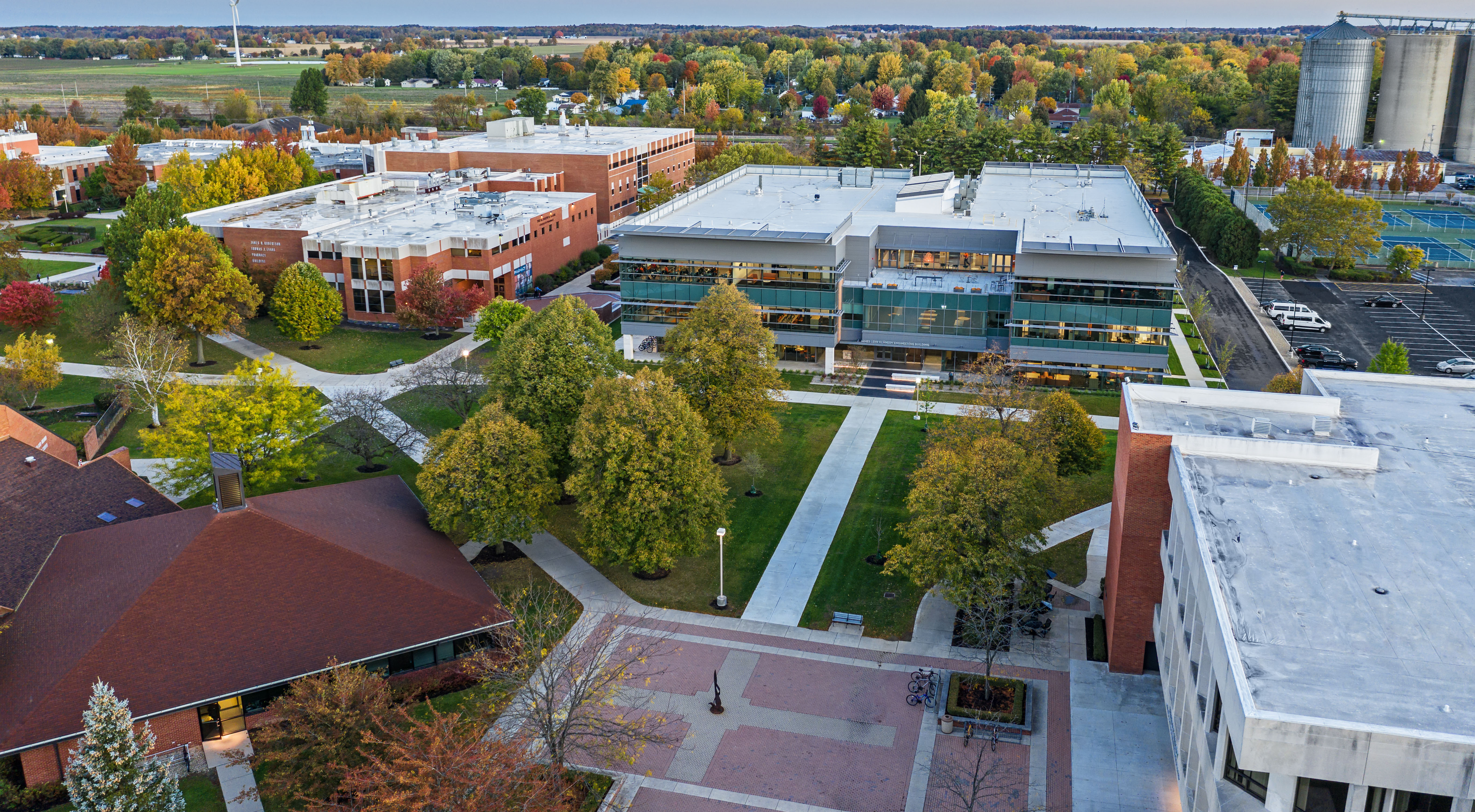 An aerial view of the engineering building's location on campus