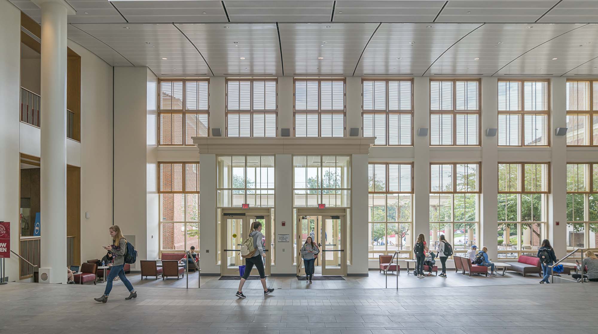Two floors of windows at the Armstrong Student Center East Wing entrance