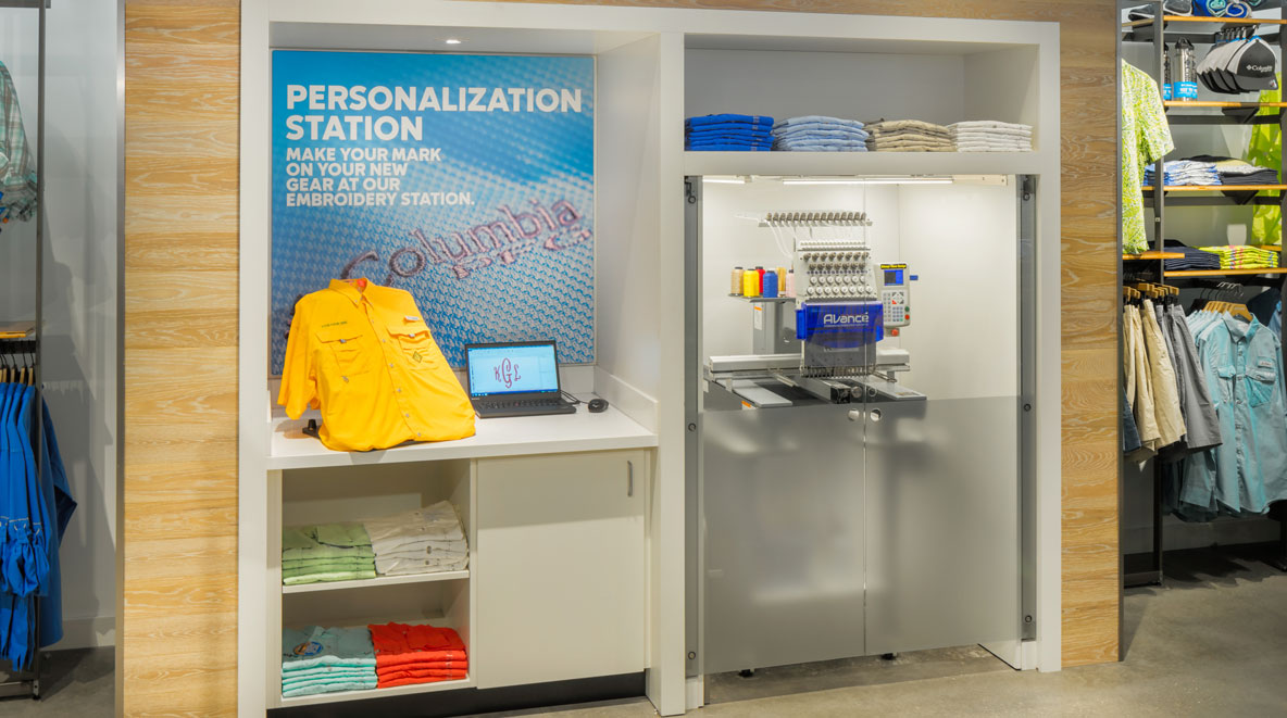 Personalization and embroidery station at Columbia store in Disney Springs, FL