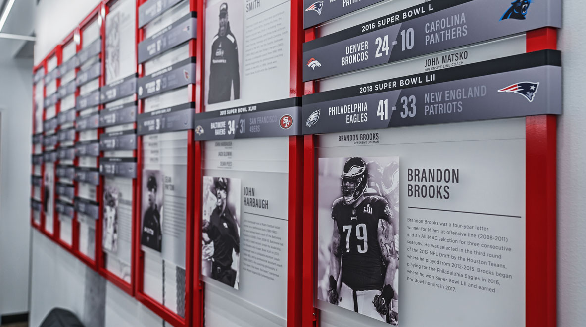 Wall of Super Bowl champions at Miami University Athletic Performance Center