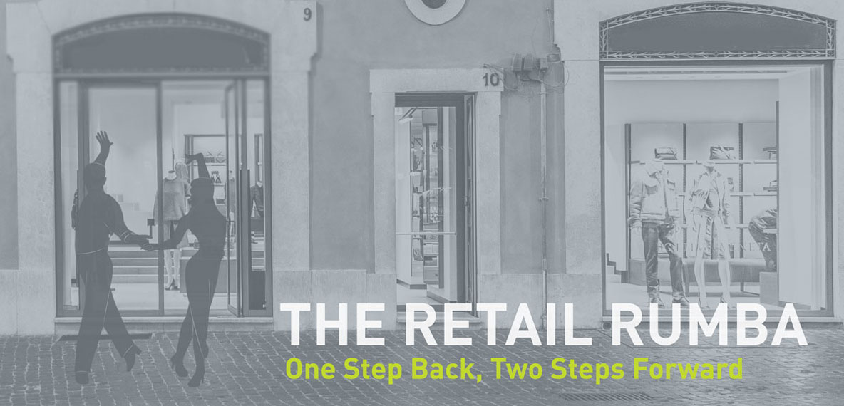 Two dancer silhouettes with the words "the retail rumba: one step back, two steps forward." 