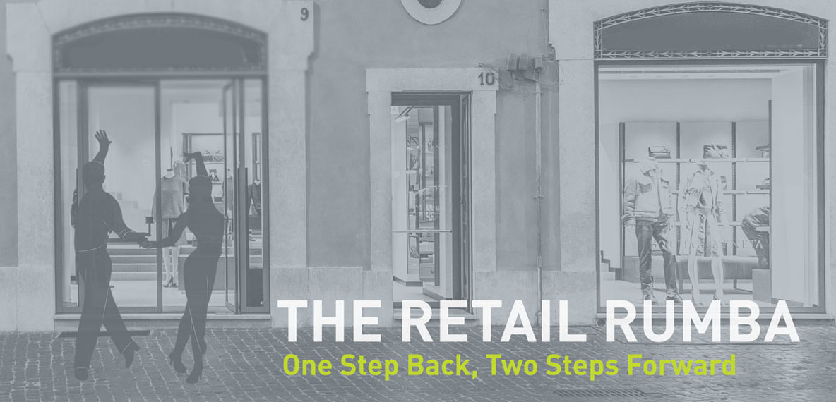 Two dancer silhouettes with the words "the retail rumba: one step back, two steps forward."