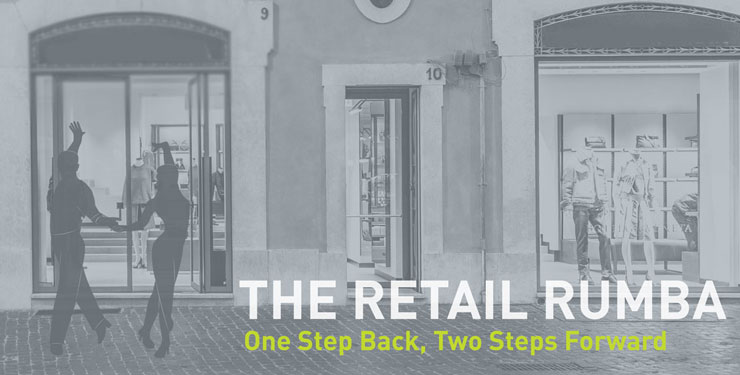 Two dancer silhouettes with the words "the retail rumba: one step back, two steps forward."