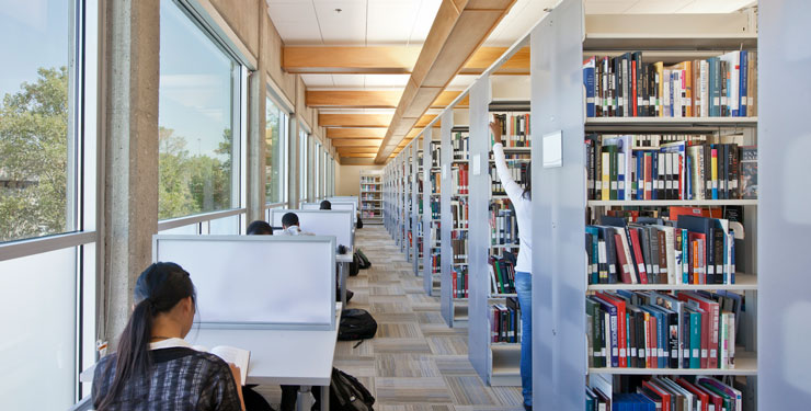 Interior view of study space and bookcases at Columbus State Community College library