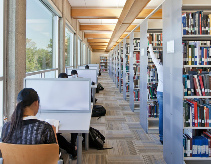 Interior view of study space and bookcases at Columbus State Community College library