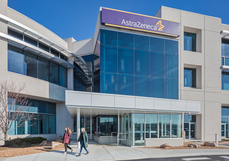 Angled, exterior view of AstraZeneca's new lobby entrance