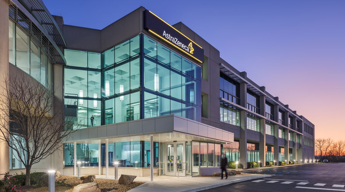 Exterior view of AstraZeneca's new lobby at sunrise