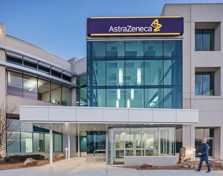 Straight on, exterior view of AstraZeneca's new lobby