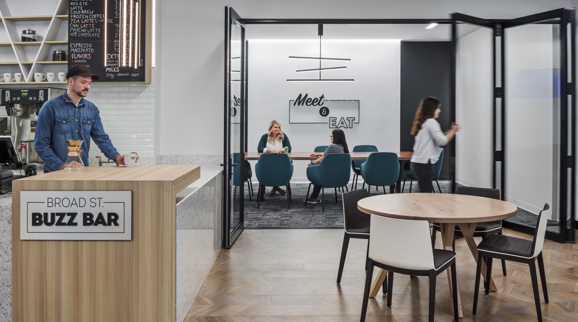 Interior view of Four Corner Café and flexible conference space within Wendy's newly renovated corporate headquarters