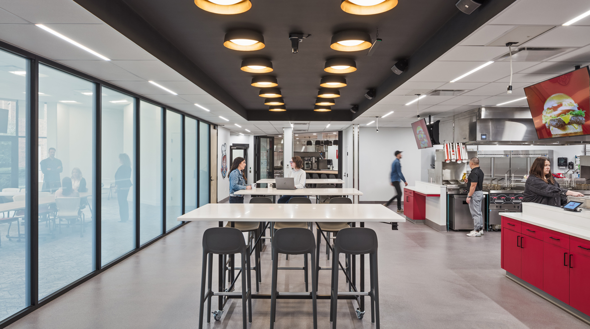 Interior image of innovation kitchen and gathering spaces within Wendy's newly renovated corporate headquarters