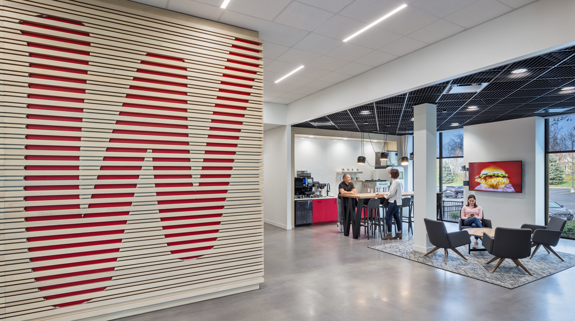 Image of wooden slat wall adjacent to innovation space at Wendy's newly renovated corporate headquarters