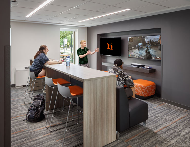Students using the gaming area within Miller Hall at Heidelberg University