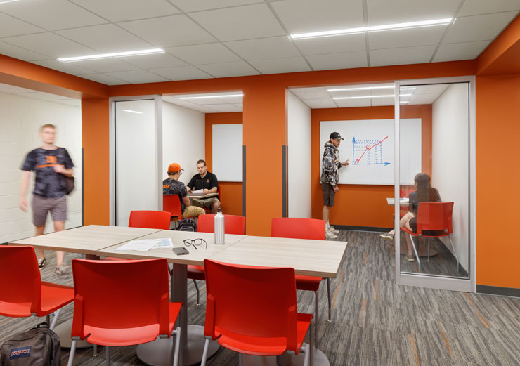 Students using the group work rooms in Miller Hall at Heidelberg University