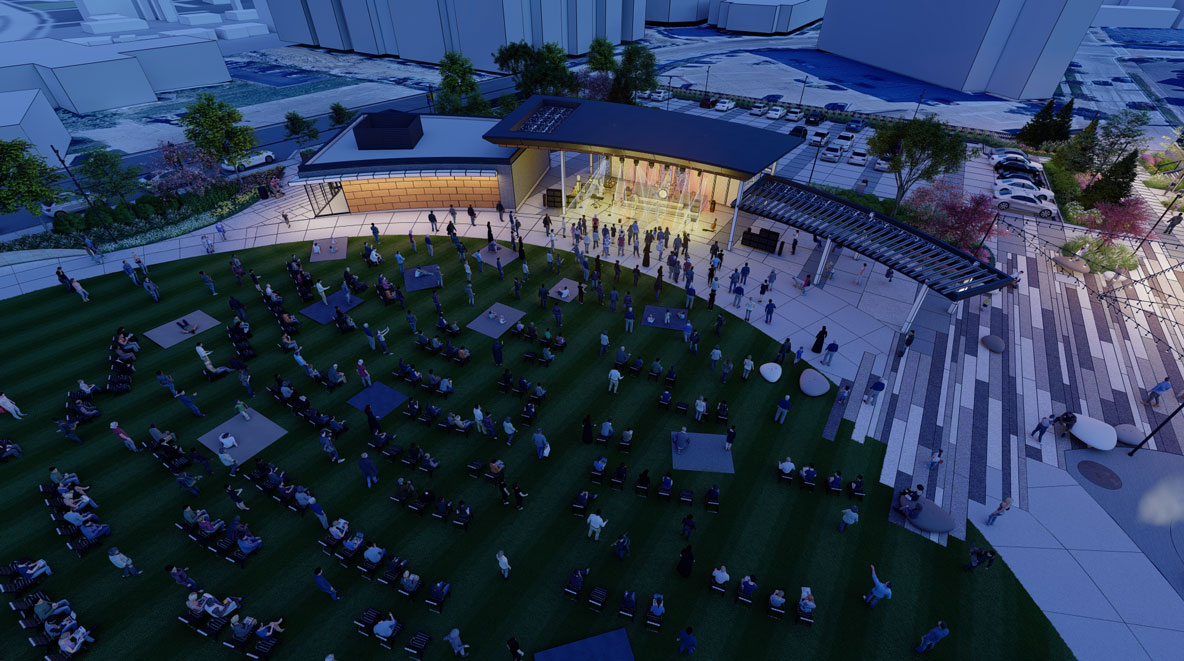 Rendering of people enjoying a night concert on the Civic Lawn of Blue Ash's new Towne Square