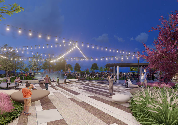 People using The Grove in Blue Ash's new Towne Square at night