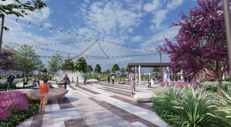 People using The Grove in Blue Ash's new Towne Square during the day