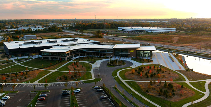 Aerial view of walking trails at VEGA Americas' new campus in Mason, Ohio.