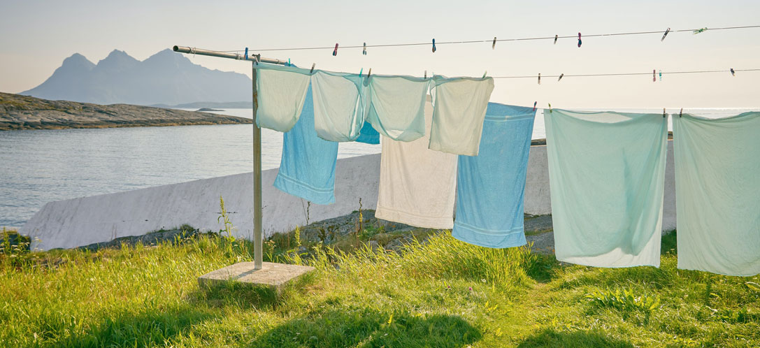 Laundry on a clothesline blowing in the wind