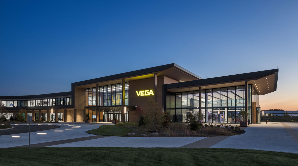 Exterior of VEGA Americas new North American Headquarters at dusk