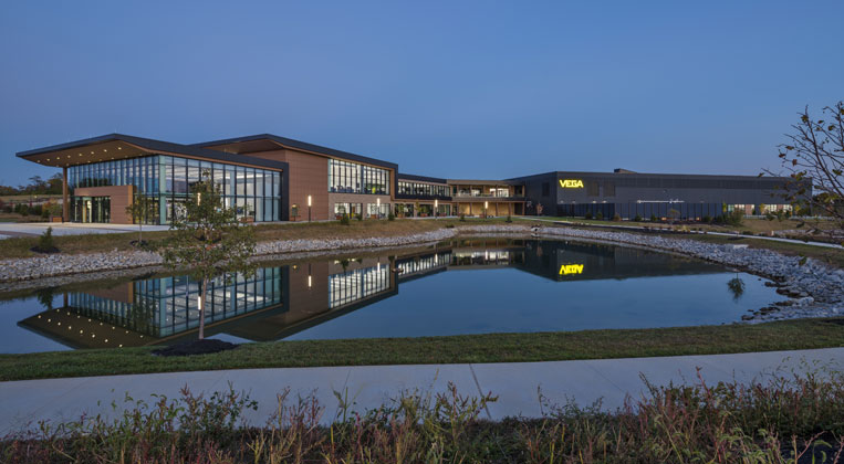 Pond and walkways surrounding VEGA's new North American Headquarters