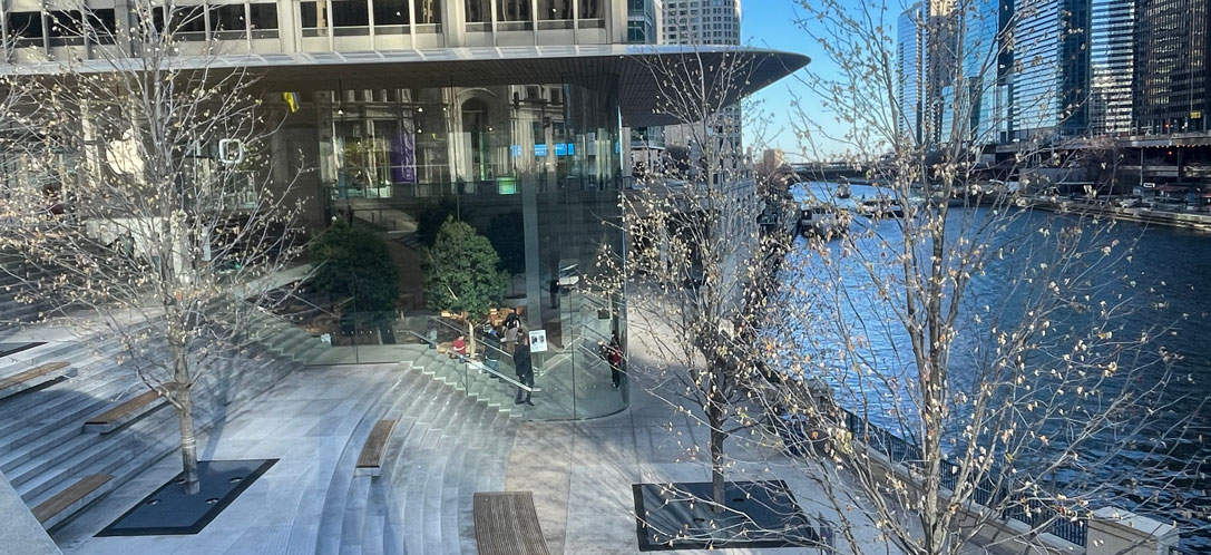 Image of the Apple Store's glass façade in Chicago, IL.