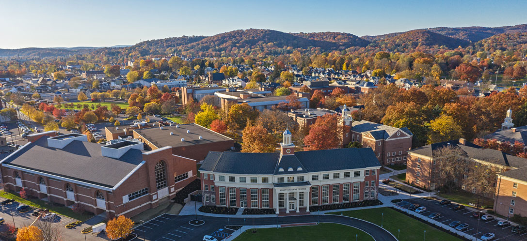 Aerial image of Lycoming College's campus in the fall