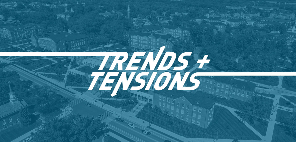 Trends + Tension logo on blue overlaid aerial photo of Miami University's campus