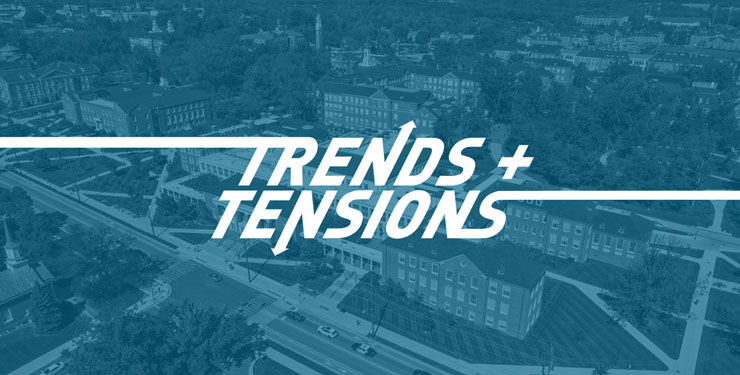 Trends + Tension logo on blue overlaid aerial photo of Miami University's campus
