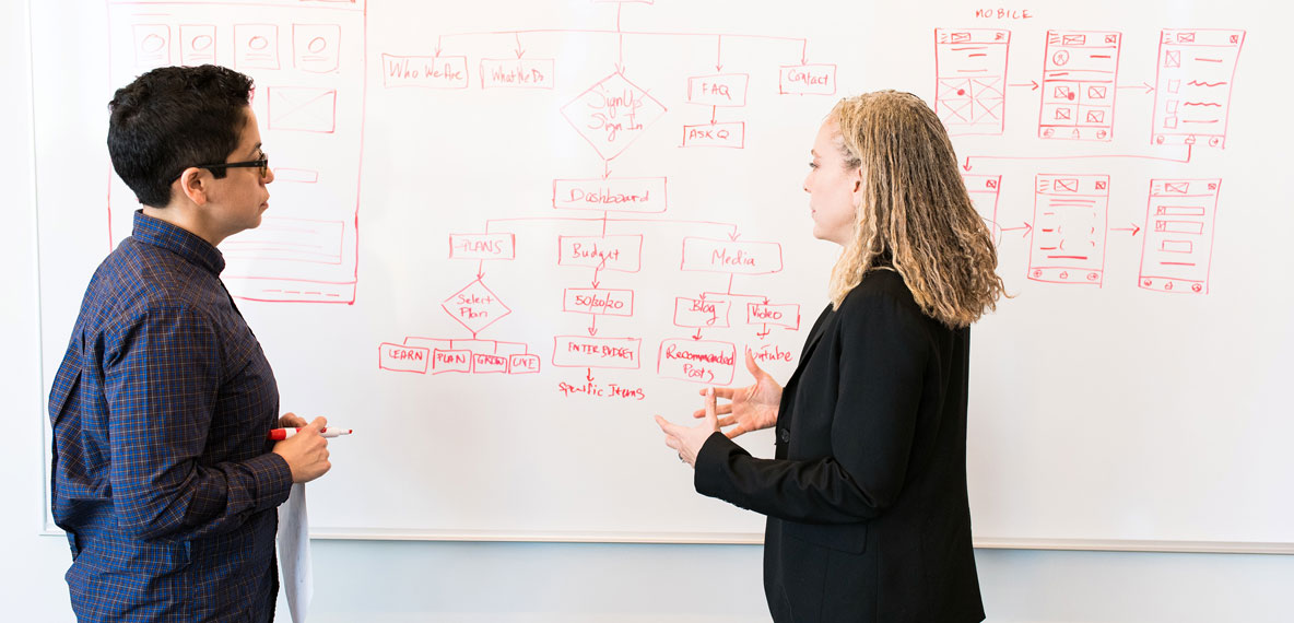 Two people working in pharma industry in front of whiteboard