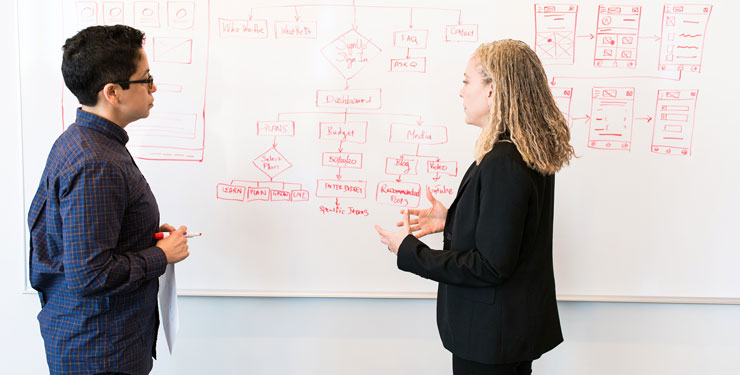Two people working in pharma industry in front of whiteboard