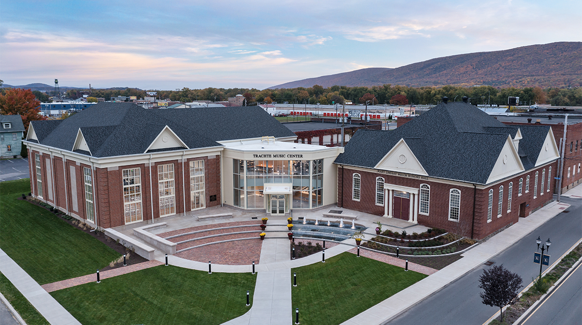 Lycoming College Trachte Music Center maintains the campus's timeless design style. It was built largely from red bricks and feautring expansive windows.