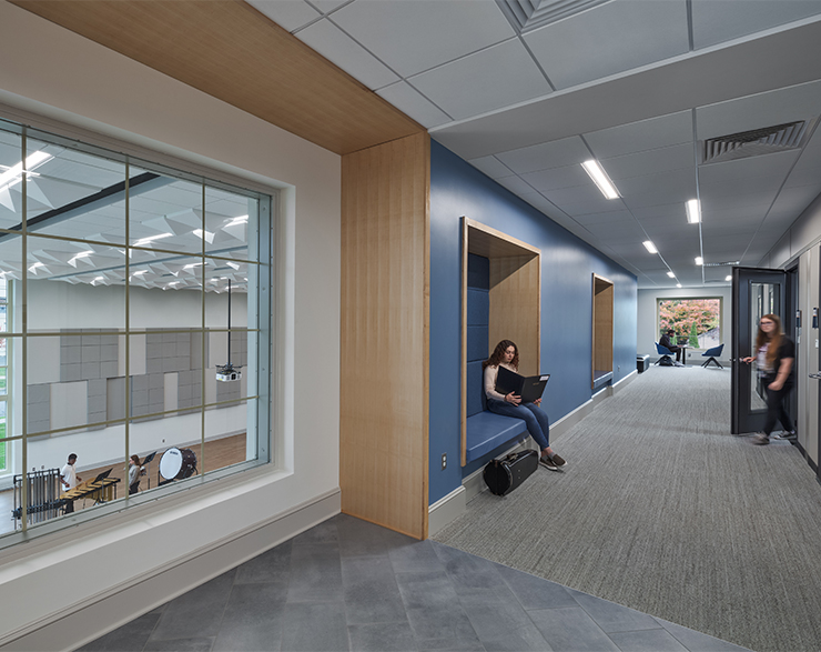 Lycoming College Trachte Music Center has an open feel even in its corridors which offer students space to catch a break or look over their sheet music.