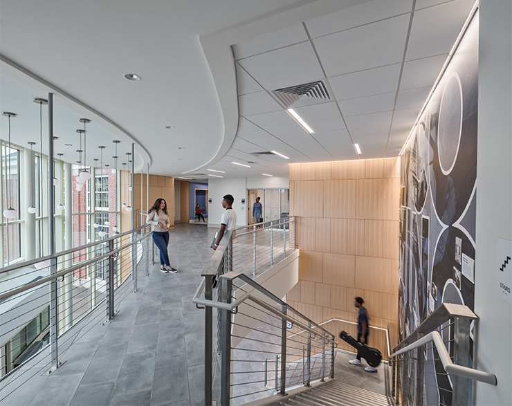 Lycoming College Trachte Music Center has a modern interior. It features high ceilings, lots of windows, and bright accents.