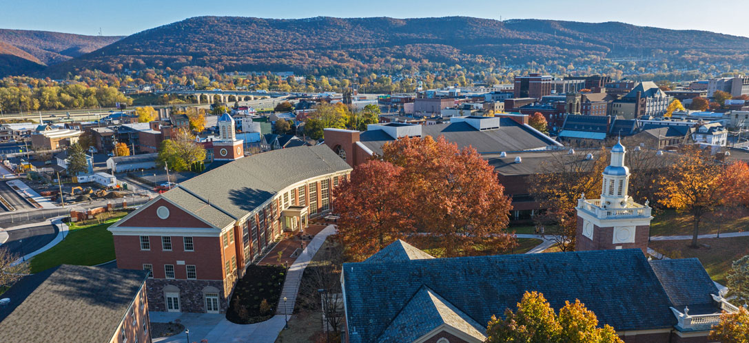 Aerial view of Lycoming College's campus in the fall.