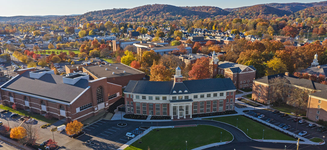 Aerial view of the Krapf Gateway Center and Lycoming College's campus during the fall