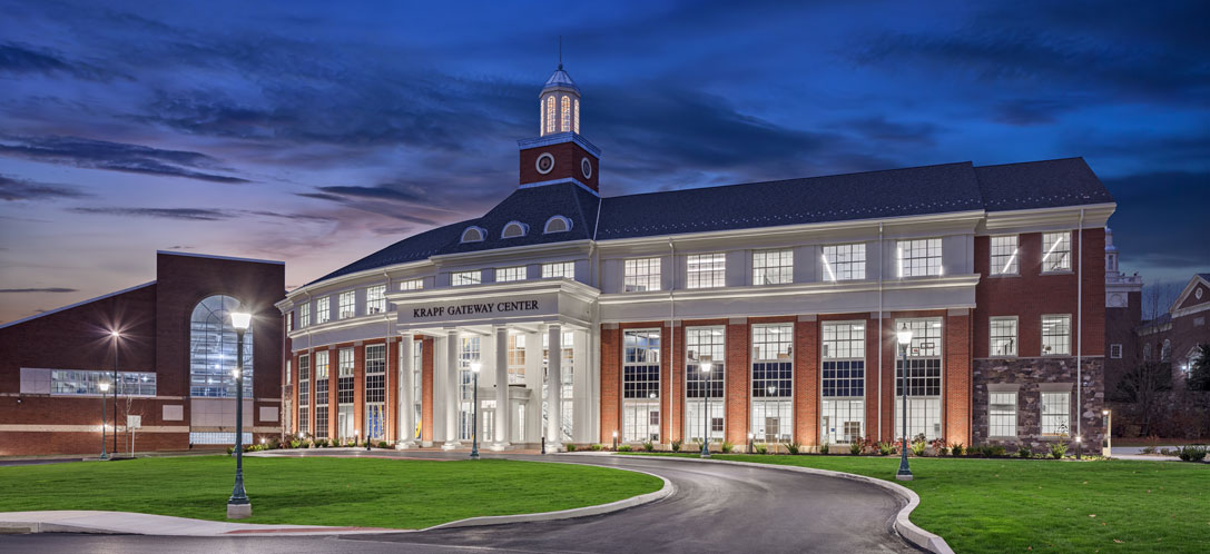 Exterior shot of the Krapf Gateway Center at night at Lycoming College