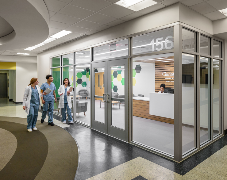 The entryway of the simulation lab is separated from the rest of the Main Building by a glass lobby.