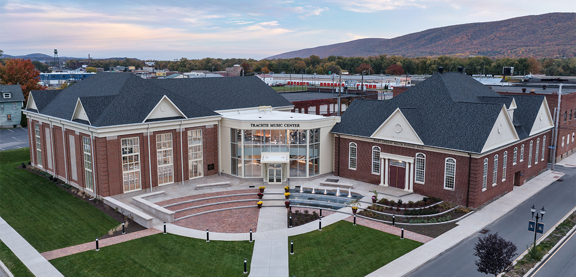Lycoming College Trachte Music Center maintains the campus's timeless design style. It was built largely from red bricks and feautring expansive windows.