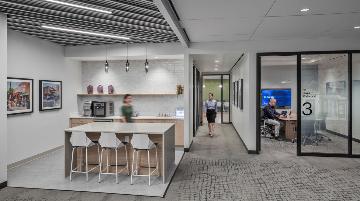 Client coffee bar and conference room at the entrance to WTW's Charlotte office