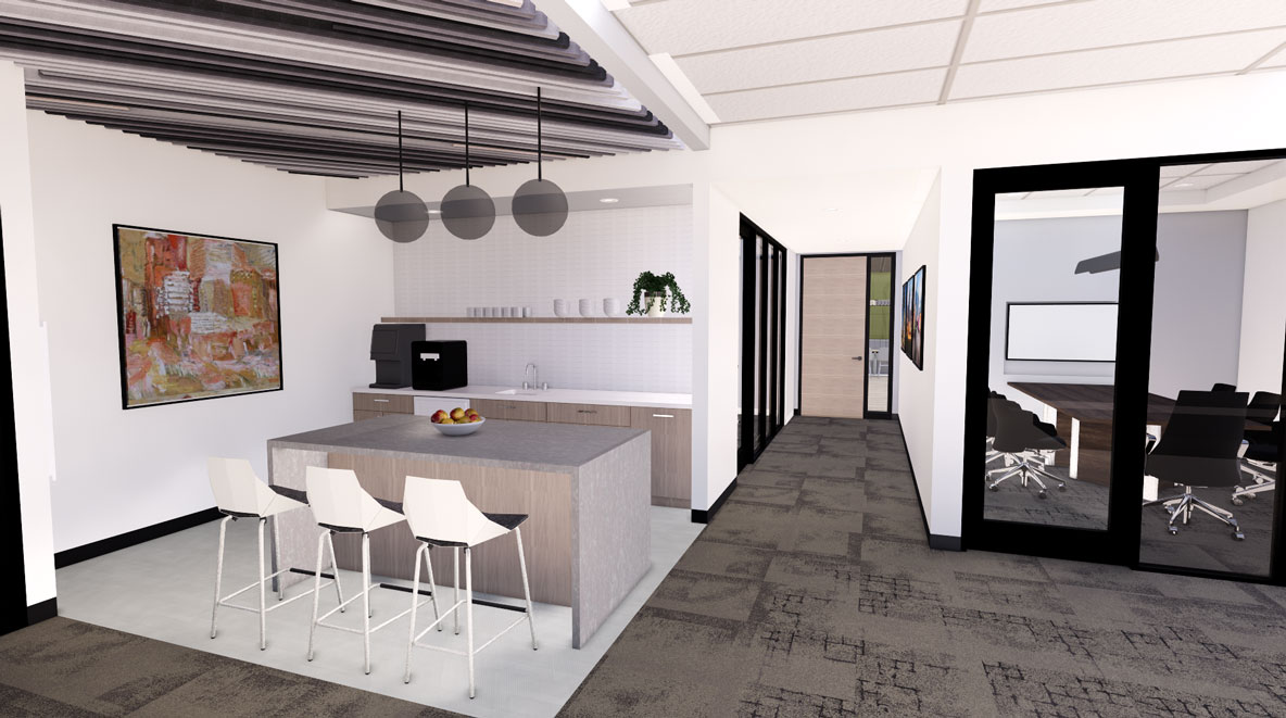 Rendering of the client coffee bard for WTW's Charlotte office