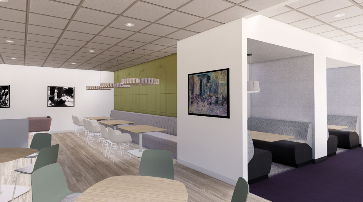 Rendering of the employee cafe at WTW's Charlotte office